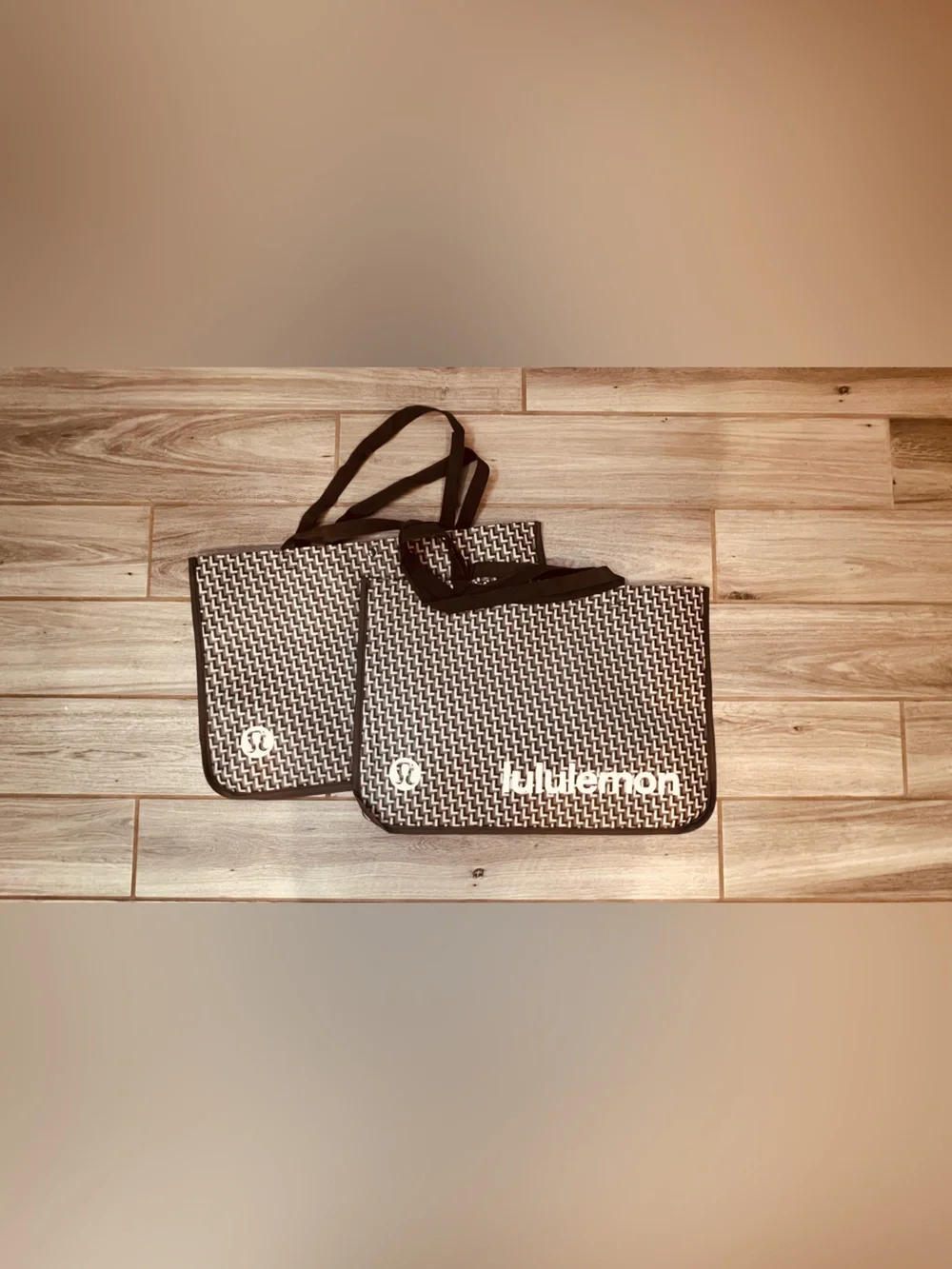 Lululemon Extra Large Reusable Tote Bag Set of 2 | Brown Geometric Print